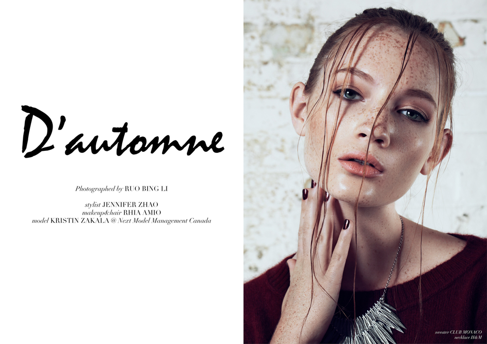 D'automne. New editorial in Glassbook.  Photo by Robin Li. Make-up and Hair by Rhia Amio. Styling by Jenn Zhao. Model Kristin at NEXT